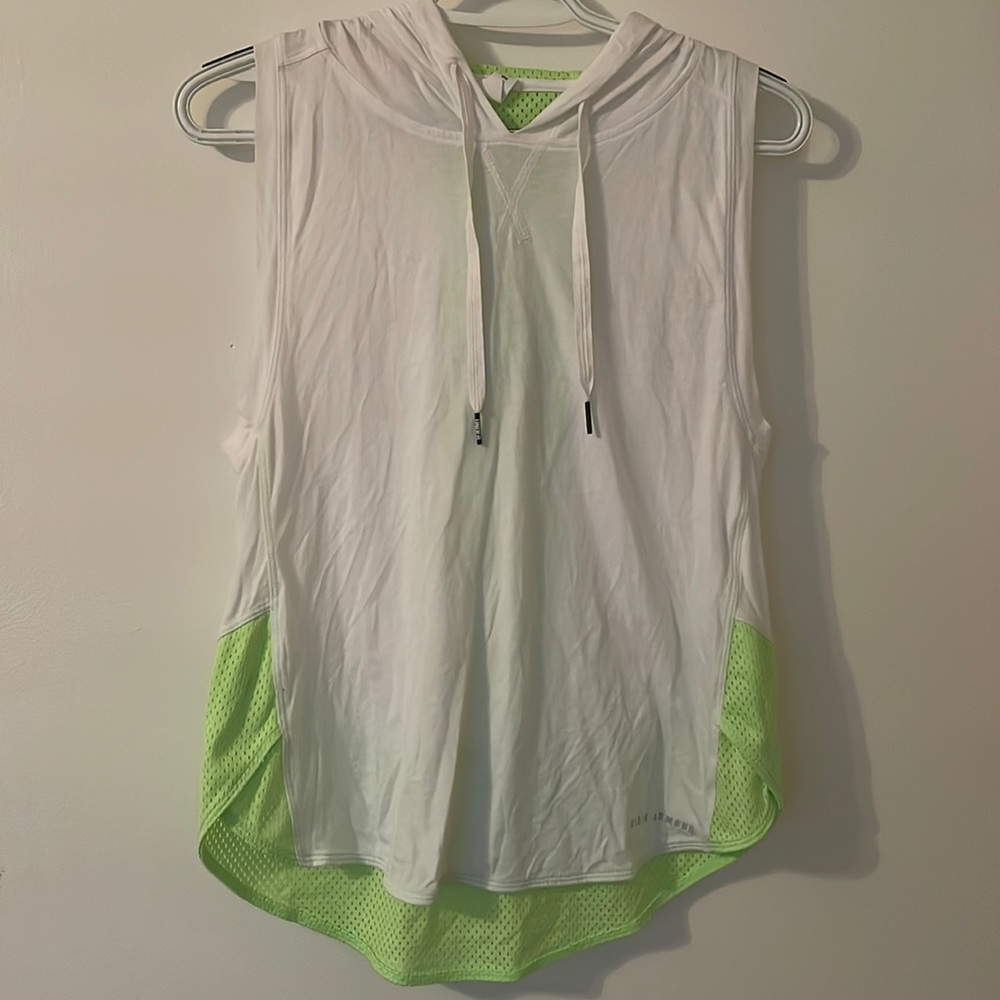 Under armor lime green and white hooded tank top